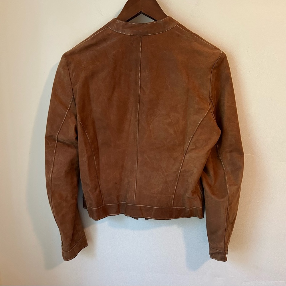 Roots Tan Brown Nubuck Leather Moto Jacket Tab Collar Zip Up - Sz 6 - Picture 2 of 16